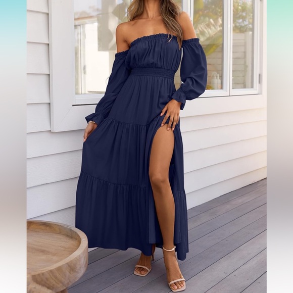 Off Shoulder Long Sleeve Smocked High Waist Side Split Flowy Long Maxi Dress - Picture 5 of 6